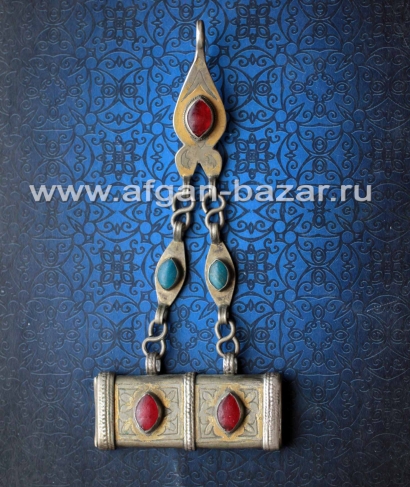 Туркменская подвеска, височное украшение с амулетом  "Тумар"