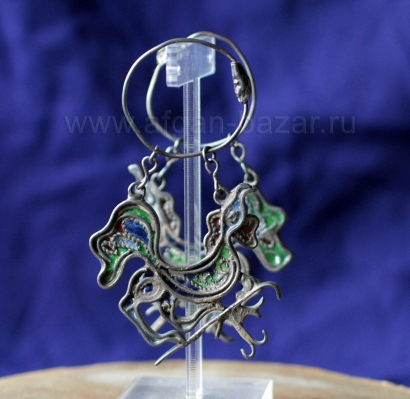 Серьги-колты (височные подвески) с витражной эмалью в виде петуха - символа Фран